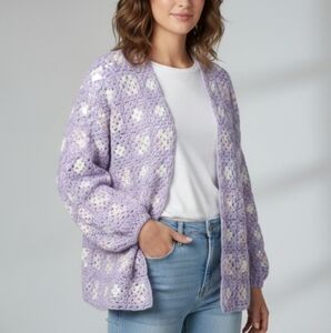 Granny Square floral flower crochet sweater purple white